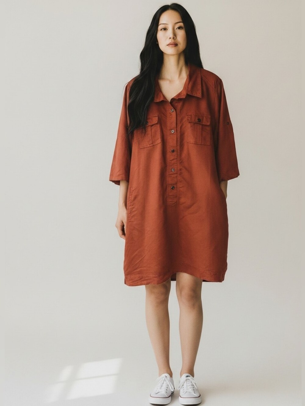Jessica Rust 3/4 Sleeve Faux Brushed Suede Shirt Dress